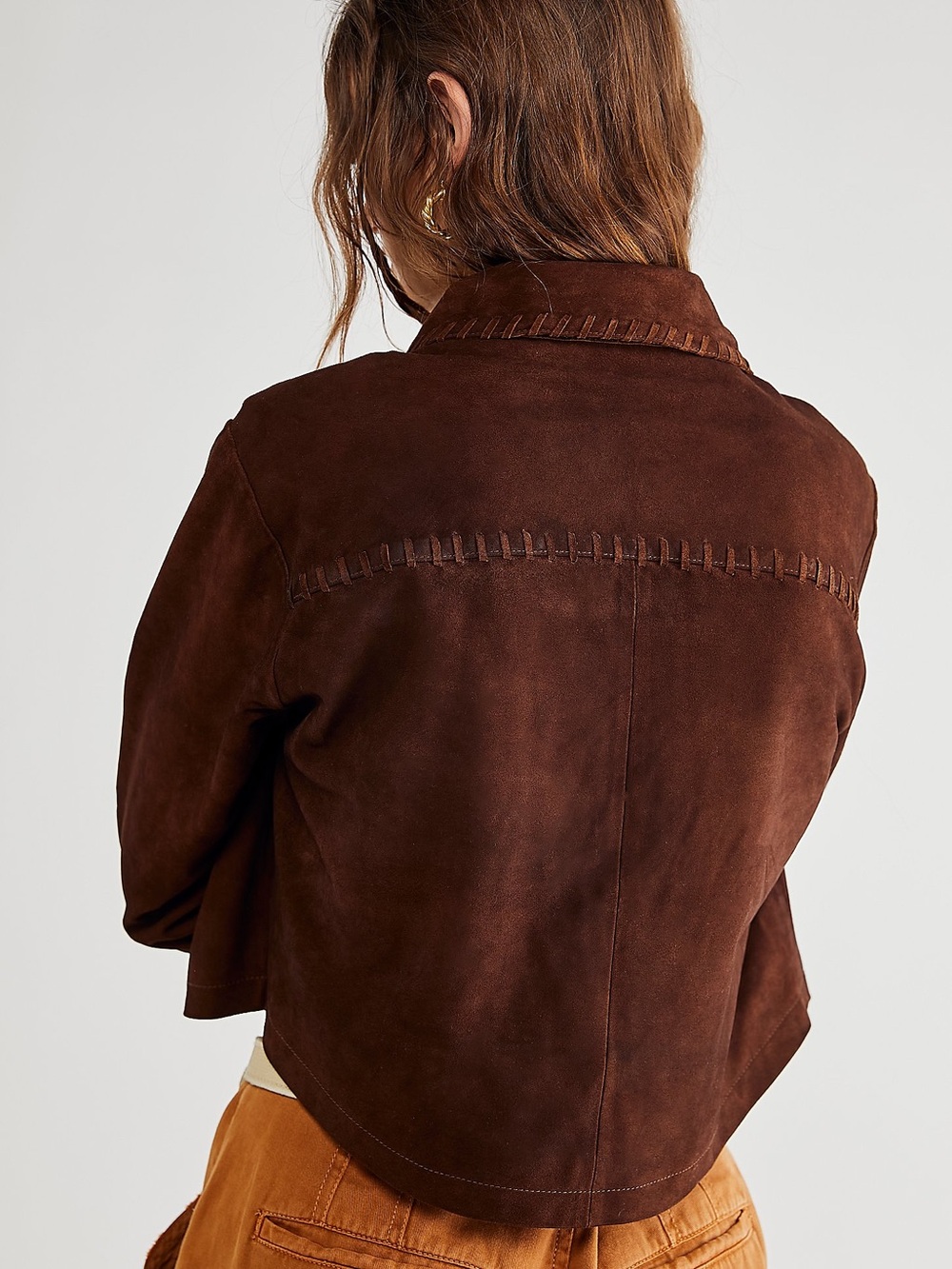 Free People x Brenda Knight Suede Lambskin Chocolate Brown Cropped Jacket - Picture 2 of 10
